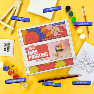 Kitsters DIY Mini Painting Kit box with included supplies like canvas, easel, poster paints, stencils, pencil, and carbon paper.