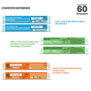 Educational game cards about dinosaurs with various activities and information.