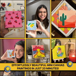 Kitsters DIY Mini Painting Kit results shown with users holding colorful mini canvas art including cactus, butterfly, and fruit designs.