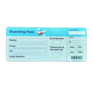 Mockup of a blue airplane boarding pass on a white background. Airport Travel Kit for Children with Special Needs available at go science image 5