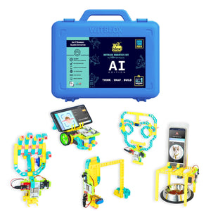 Witblox robotics kit with blue carrying case and various robot models on a white background