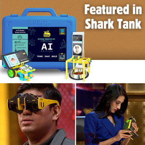 Witeflox AI robotics kit with a blue case, toy car, and robot on a brown background. Two people wearing goggles are also shown.