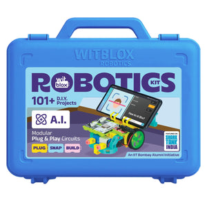 Blue WITBLOX Robotics kit packaging with colorful robot illustration on a white background
