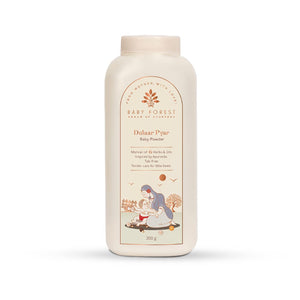 Baby Forest Baby powder bottle with a decorative label on a white background