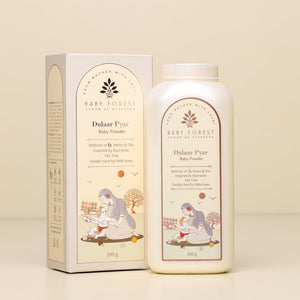 Baby Forest Baby powder packaging with box and bottle on a beige background