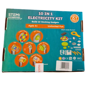 Box of a 10-in-1 Electricity Kit with various gadget illustrations on a teal background. Butterfly_EduFields_10_in_1_Ultimate_Electricity_Kit_at_Go_Science_image_1