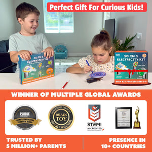 Two children with electricity kits and awards on a table, with text about the product's features. Butterfly EduFields 10in1 Ultimate Electricity Kit | Science Project Kit | Stem Toys for Kids at go science_image 5