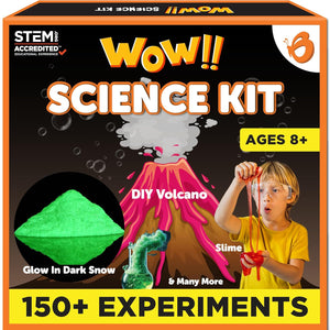 Wow Science Kit packaging with a child making slime and a DIY volcano, featuring STEM accreditation.
