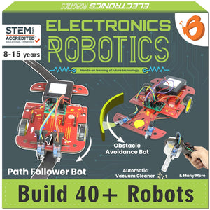 Box for electronics robotics kit with images of robots and text about building robots.
