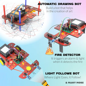 Automated drawing bot with fire detector and light follower features on a colorful background. Butterfly EduFields 40 In 1 Stem Robotics Kit available at Go Science product image 4