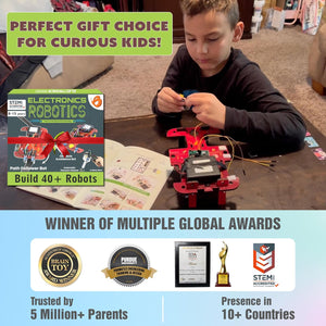 Child building a robotics project with text highlighting it as a perfect gift choice for curious kids and a winner of multiple global awards. Butterfly EduFields 40 In 1 Stem Robotics Kit available at Go Science product image 6