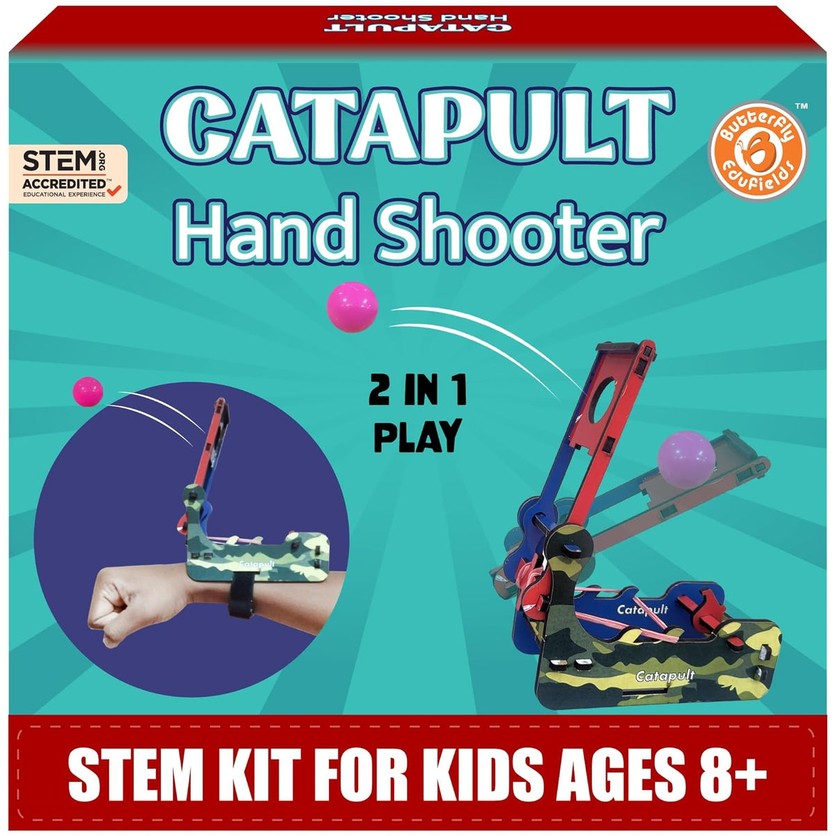 Box of a catapult hand shooter toy for kids, featuring colorful graphics and text. Butterfly EduFields DIY Catapult Shooter Science Kit_available at go science image 1