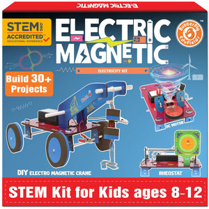 Box of a STEM kit for kids with electric and magnetic components on a blue and red background.
