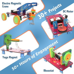 Electro Magnetic Crane set with various components and text on a blue background