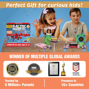 Children playing with STEM kit for kids, with packaging and awards displayed.