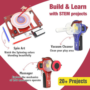 Educational STEM project kit with various components and text on a red and white background