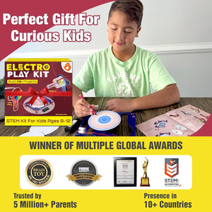 Child playing with an Electro Play Kit, a STEM kit for kids, with text highlighting its features and awards.