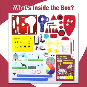 Electro play kit with various components and a guide on a white background