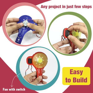 Three circular insets showing hands building electronic devices with text 'Any project in just few steps' and 'Easy to Build'.