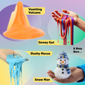 Collage of slime and snowman activities with labeled examples on a colorful background.