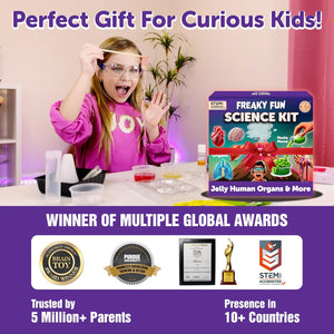 Girl with goggles next to a 'Freaky Fun Science Kit' box, with awards displayed below.