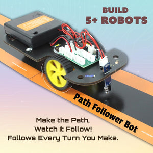 Robotics kit with wheels and electronic components on a blue and orange background, featuring text about building robots. Butterfly EduFields Robo Drive 5in1 STEM Robotics kit available at go science IMAGE 2