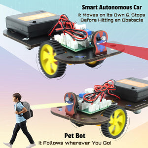 Smart autonomous car and pet bot with text describing their functions on a gradient background.Butterfly EduFields Robo Drive 5in1 STEM Robotics kit available at go science image 3