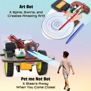 Art Bot with text describing its functions and a child interacting with it.Butterfly EduFields Robo Drive 5in1 STEM Robotics kit available at go science image 4