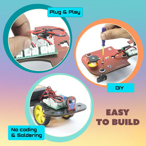 Collage of hands working with electronic components, labeled 'Plug & Play', 'DIY', and 'Easy to Build'. Butterfly EduFields Robo Drive 5in1 STEM Robotics kit available at go science image 5