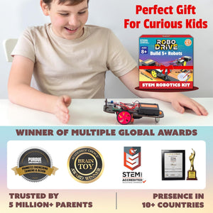 Child playing with a STEM robotics kit, surrounded by awards and text about the product's features.
