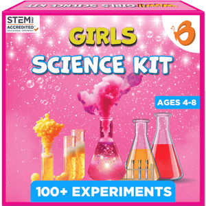 Girls Science Kit packaging with colorful experiment images on a pink background.Butterfly Edu Fields Girls Science Kit ages 4-8 available at Go Science_image 01