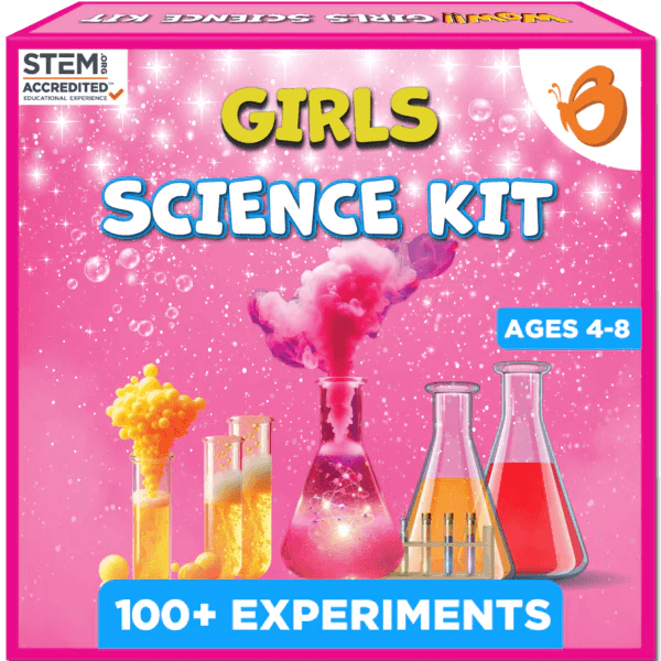 Girls Science Kit packaging with colorful experiment images on a pink background.Butterfly Edu Fields Girls Science Kit ages 4-8 available at Go Science_image 01