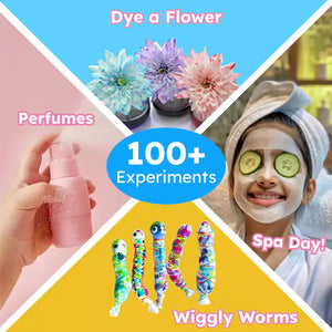 Collage of activities including dyeing flowers, using perfumes, spa day with face mask and cucumbers, and wiggly worms.Butterfly Edu Fields Girls Science Kit ages 4-8 available at Go Science_image 02