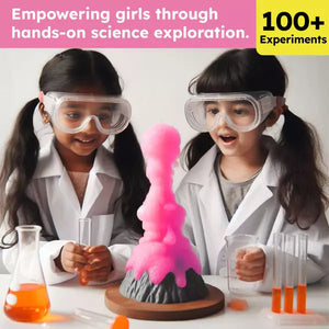 Two children in lab coats and goggles conducting a science experiment with pink and orange liquids.Butterfly Edu Fields Girls Science Kit ages 4-8 available at Go Science_image 04