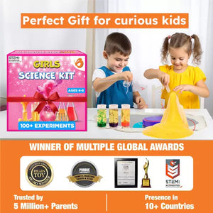 Science kit for girls with children playing and text highlighting its features. Butterfly Edu Fields Girls Science Kit ages 4-8 available at Go Science_image 06