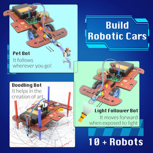 Promotional graphic for building robotic cars with text and images of different robots on a blue background. Butterfly Edufields10-in-1 Electronics Robotics Kit available at Go Science image 2