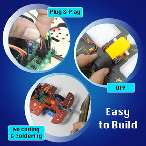 Collage of hands working with electronic components on a blue background with text about plug-and-play and DIY projects. Butterfly Edufields10-in-1 Electronics Robotics Kit available at Go Science image 3