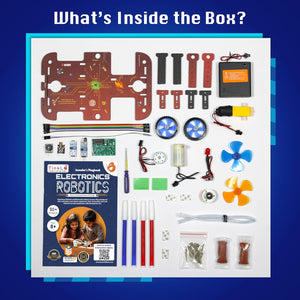 Educational electronics robotics kit with components and a book on a white background. Butterfly Edufields10-in-1 Electronics Robotics Kit available at Go Science image 5