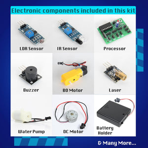 Electronic components including LDR Sensor, IR Sensor, Processor, Buzzer, BO Motor, Laser, Water Pump, DC Motor, Battery Holder on a white background. Butterfly Edufields10-in-1 Electronics Robotics Kit available at Go Science image 6