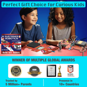 Two children playing with a robotics kit, surrounded by text highlighting its features and awards. Butterfly Edufields10-in-1 Electronics Robotics Kit available at Go Science image 7
