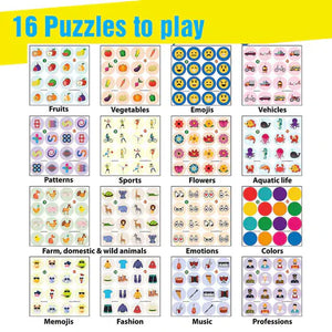 Set of 16 educational puzzles with various categories on a yellow background. Butterfly Edufields Memory Matching Puzzle Brain Games_product_image_2_goscience