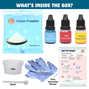 Snow magic kit with snow powder, food colors, cups, gloves, spoon, and instruction manual on a white background. Butterfly Edufields Snow Magic Science Kit available at Go Science image 6