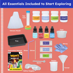 Science experiment kit with labeled components on a red background. Butterfly Edufields_WOW_Science_Kt_at_Go_Science_product image 3