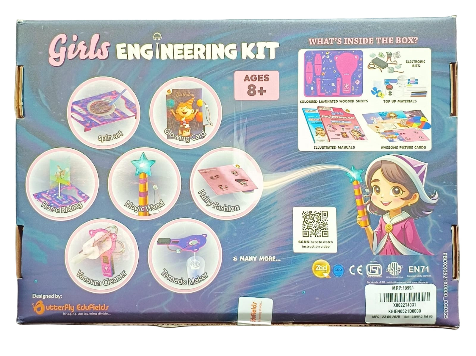 Box of a 'Girls Engineering Kit' with various illustrations and text on a dark background