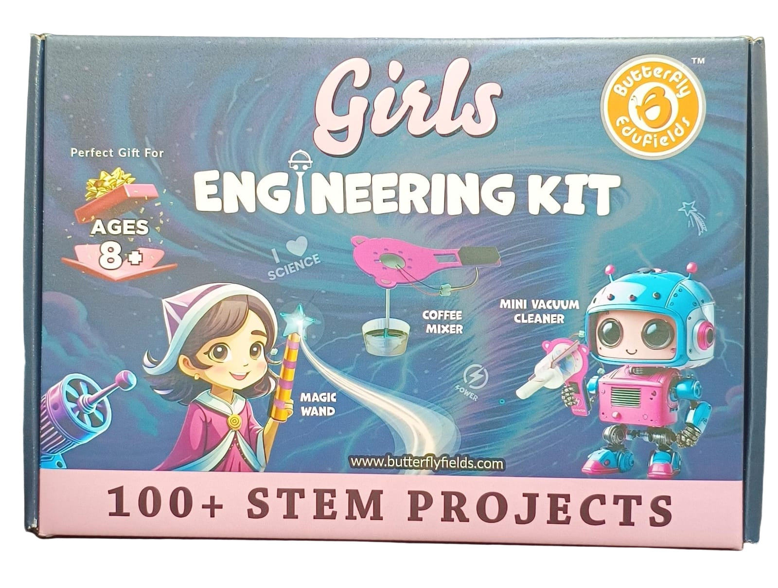 Box for a girls' engineering kit with illustrations and text on a dark background