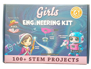 Box for a girls' engineering kit with illustrations and text on a dark background