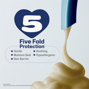 Five Fold Protection logo with a product being applied, on a light blue background. Cetaphil Baby Daily Lotion with Organic Calendula go littles product image 4