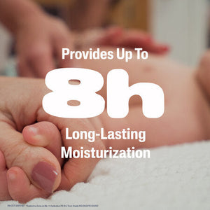 Close-up of hands with text about long-lasting moisturization. Cetaphil Baby Moisturising Oil 200ml go littles product main image 6