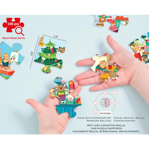 Children playing with a colorful puzzle on a light blue background