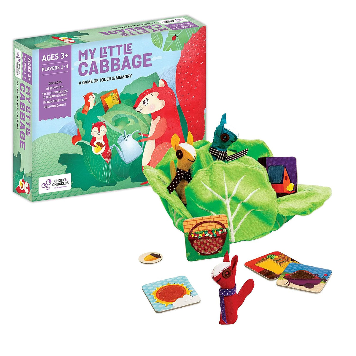 Children's game 'My Little Cabbage' with colorful packaging and game pieces on a white background